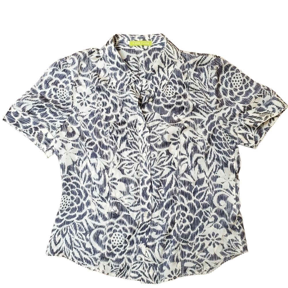 Sigrid Olsen 100% Silk Black and White Patterned Top. MED